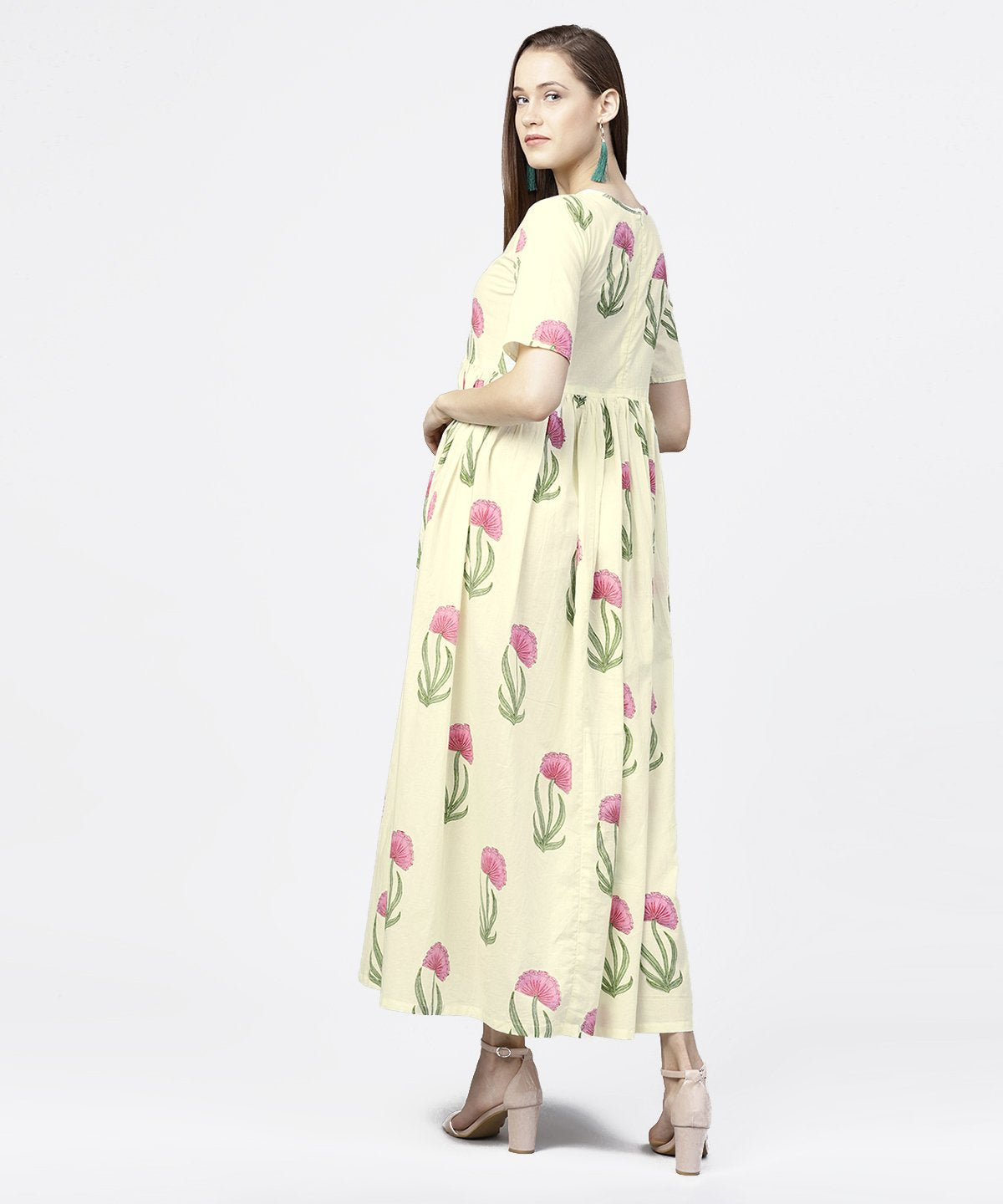 Off White Floral Printed Half Sleeve Cotton Maxi Dress | LASVINI - Redefining Indian Fashion with Elegance