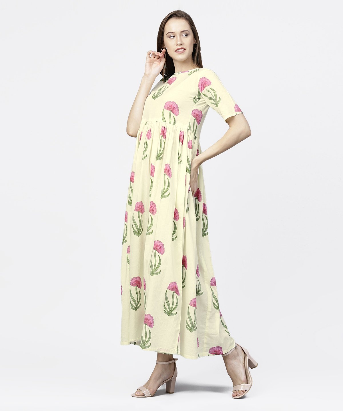 Off White Floral Printed Half Sleeve Cotton Maxi Dress | LASVINI - Redefining Indian Fashion with Elegance