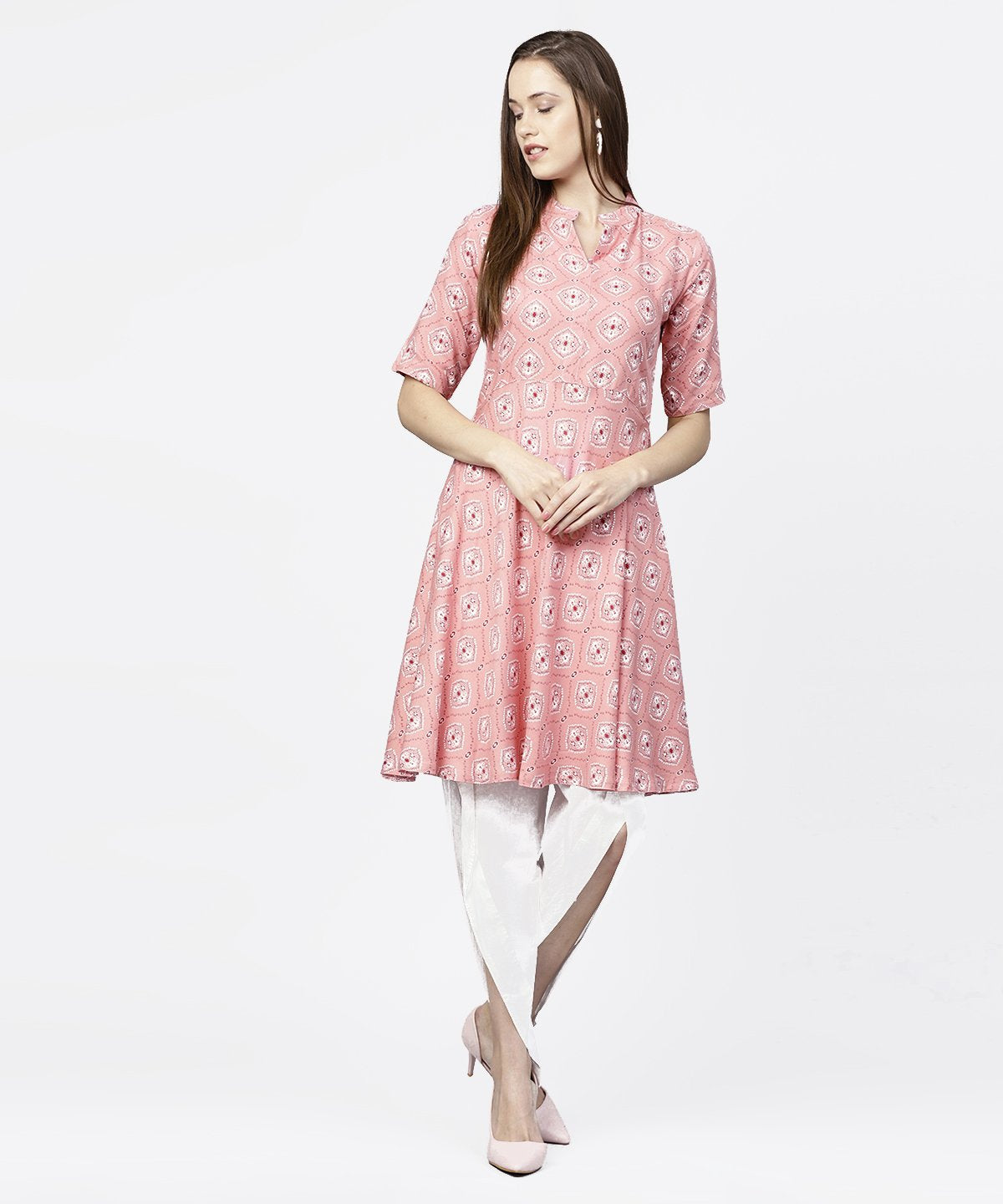 Peach Printed Half Sleeve Short Anarkali Kurta | LASVINI - Redefining Indian Fashion with Elegance
