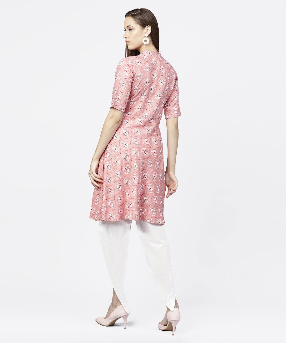 Peach Printed Half Sleeve Short Anarkali Kurta | LASVINI - Redefining Indian Fashion with Elegance