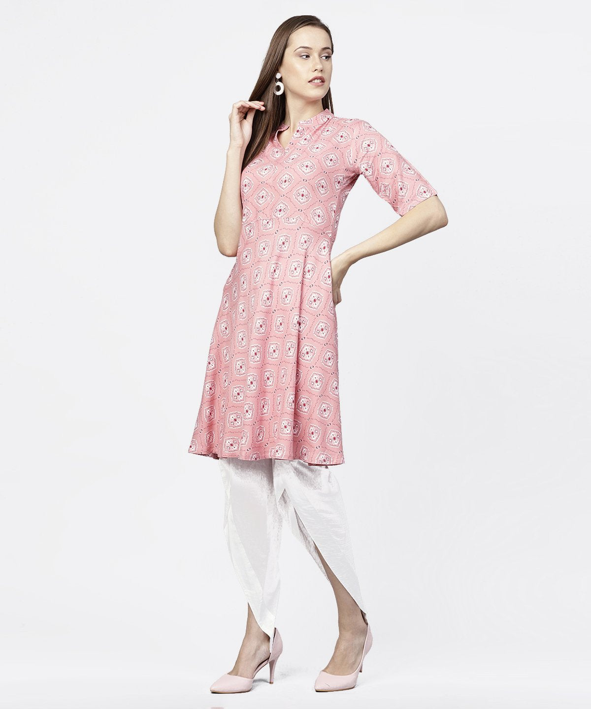 Peach Printed Half Sleeve Short Anarkali Kurta | LASVINI - Redefining Indian Fashion with Elegance