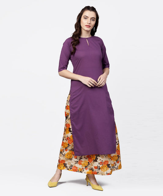 Solid Short- Round Neck With A Slit 3/4Th Sleeved Kurta With Floral Printed Skirt Set | LASVINI - Redefining Indian Fashion with Elegance