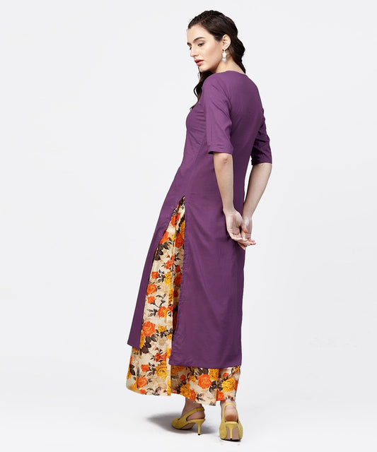 Solid Short- Round Neck With A Slit 3/4Th Sleeved Kurta With Floral Printed Skirt Set | LASVINI - Redefining Indian Fashion with Elegance