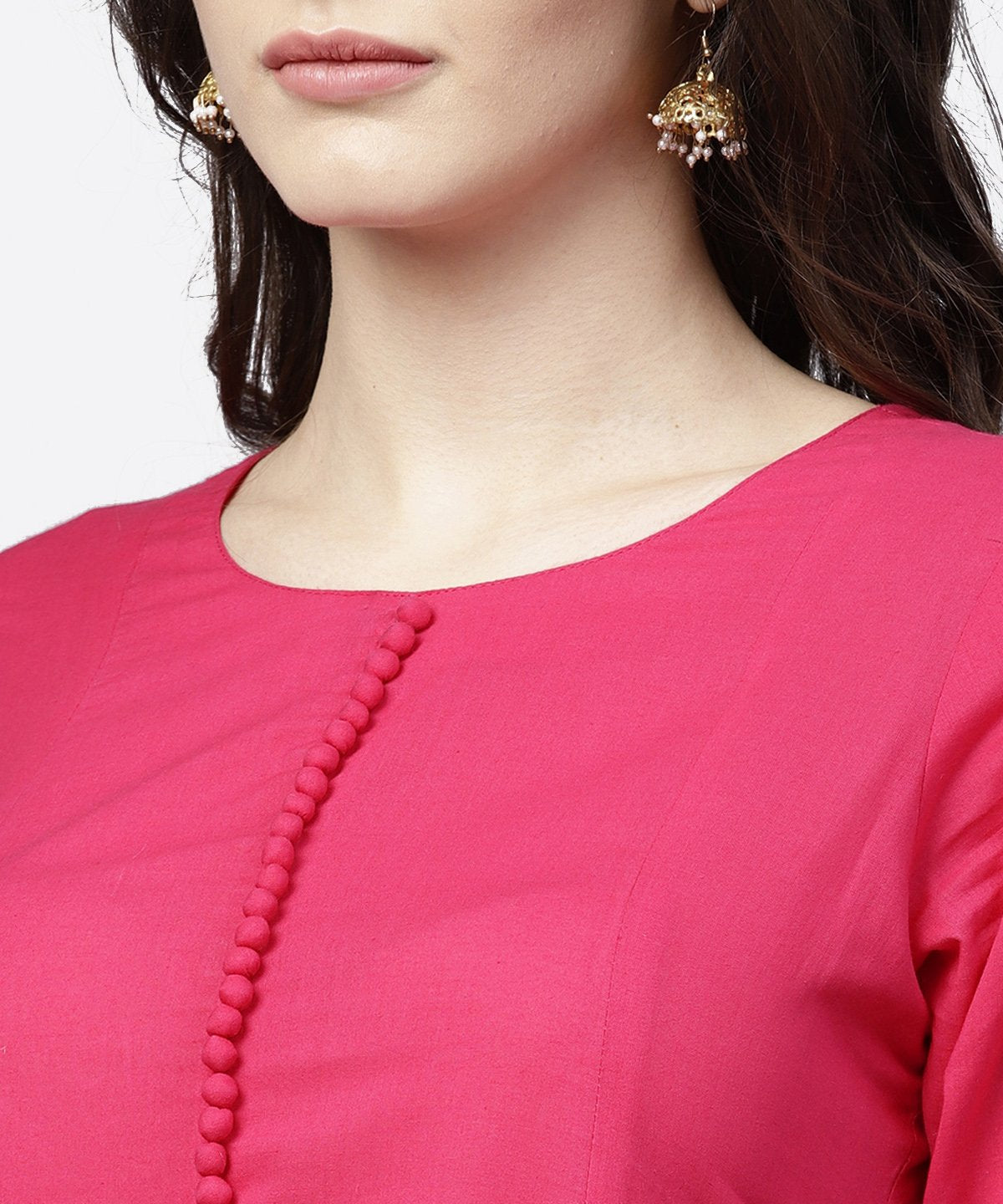 Solid Short Round Neck With 3/4Th Sleeves Gold Hand- Block Printed Anarkali Kurta | LASVINI - Redefining Indian Fashion with Elegance