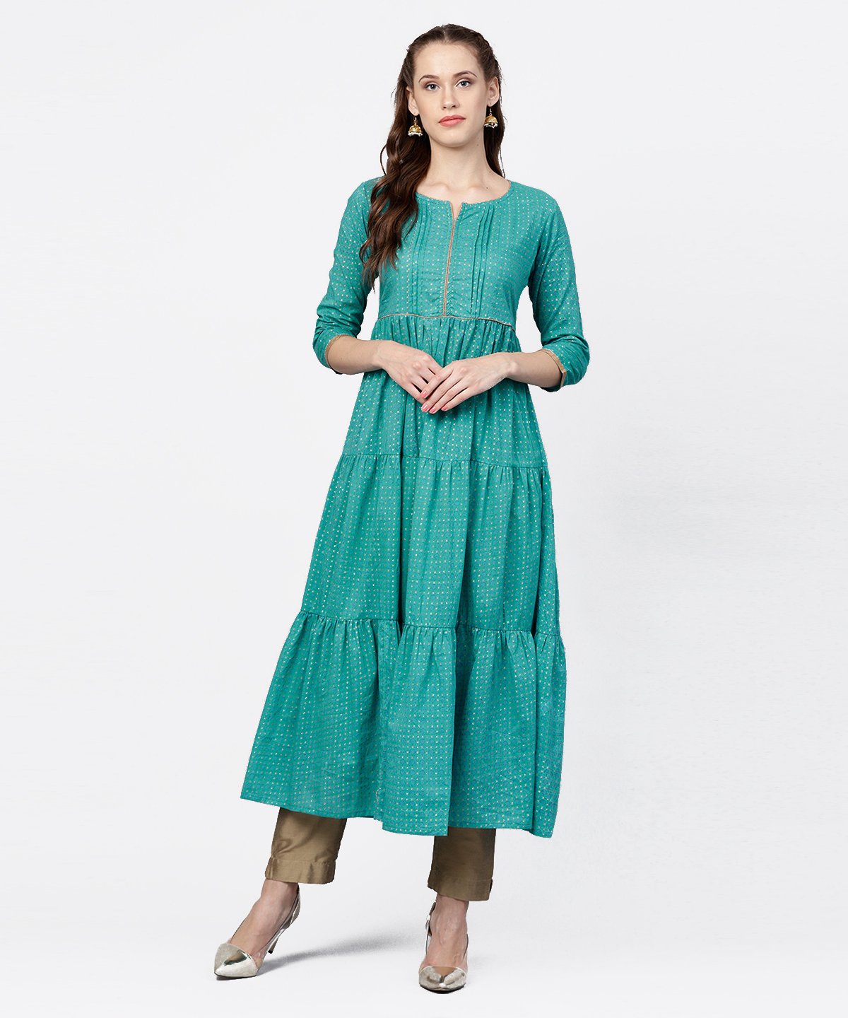 Printed Round Neck Three-Tiered Flared Maxi Dress With Pintucks And 3/4Th Sleeves | LASVINI - Redefining Indian Fashion with Elegance