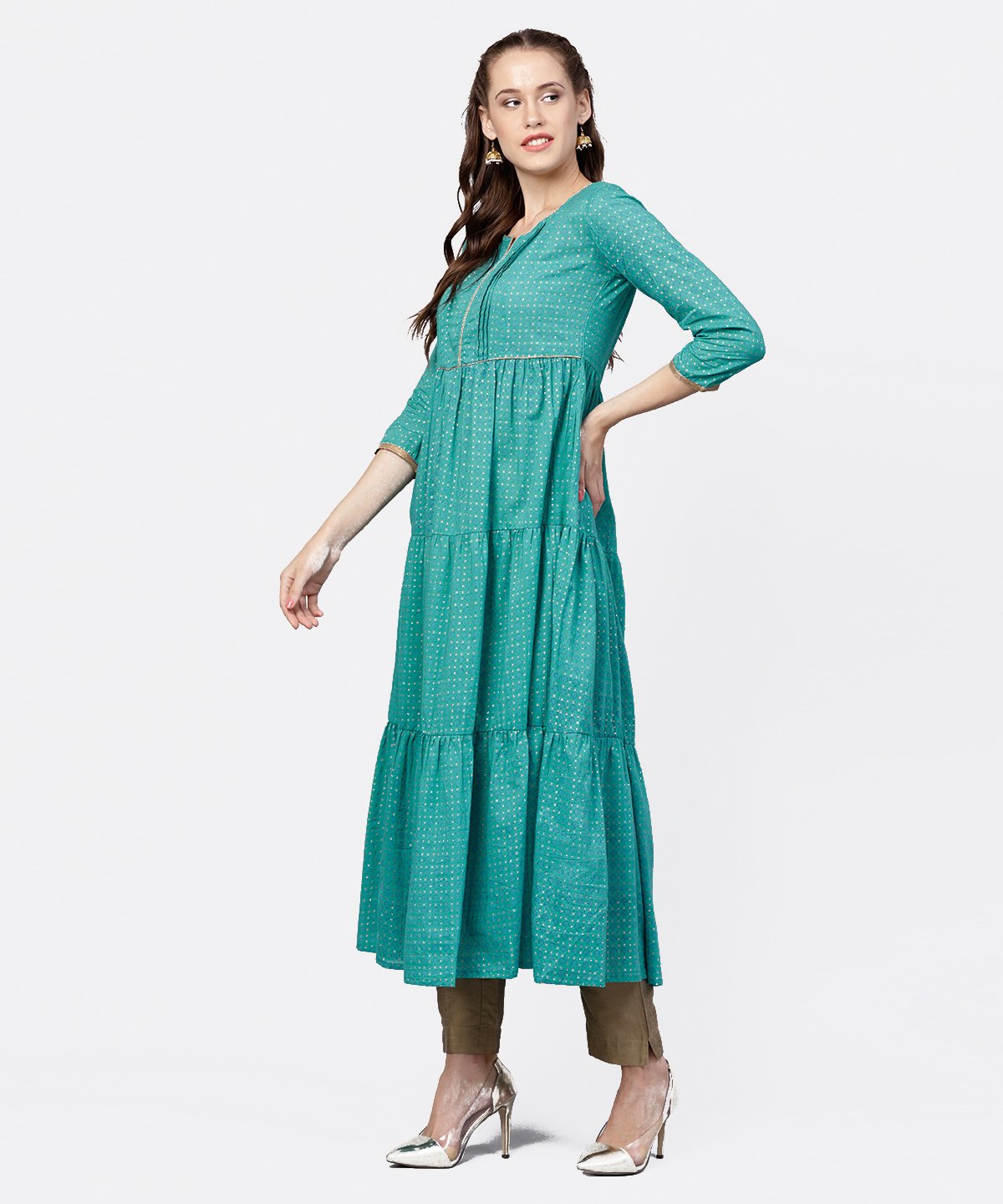 Printed Round Neck Three-Tiered Flared Maxi Dress With Pintucks And 3/4Th Sleeves | LASVINI - Redefining Indian Fashion with Elegance