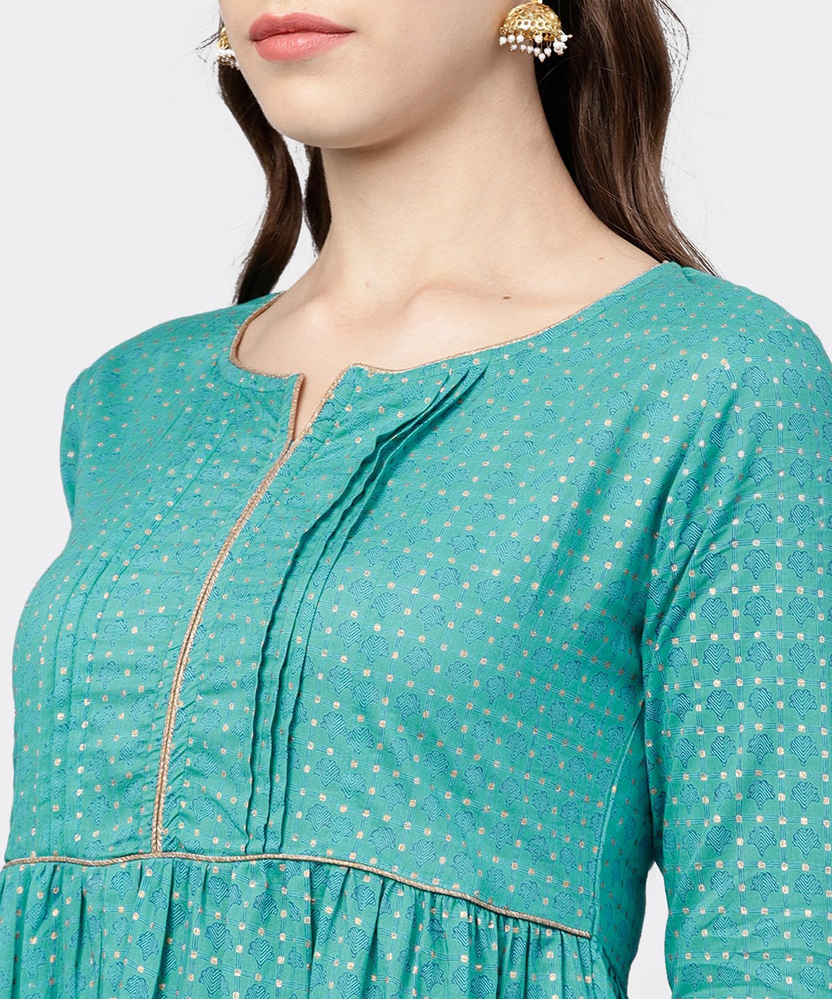 Printed Round Neck Three-Tiered Flared Maxi Dress With Pintucks And 3/4Th Sleeves | LASVINI - Redefining Indian Fashion with Elegance