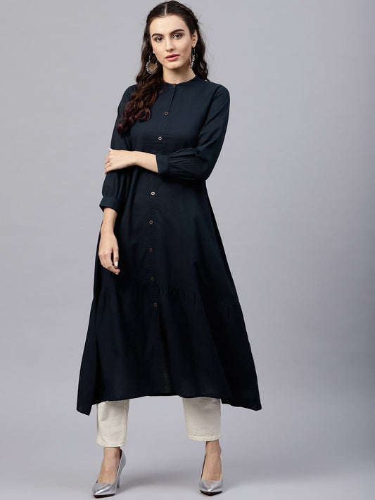Navy Blue Round Neck A-Line Kurta With Front Placket And Cuffed Full Sleeves | LASVINI - Redefining Indian Fashion with Elegance