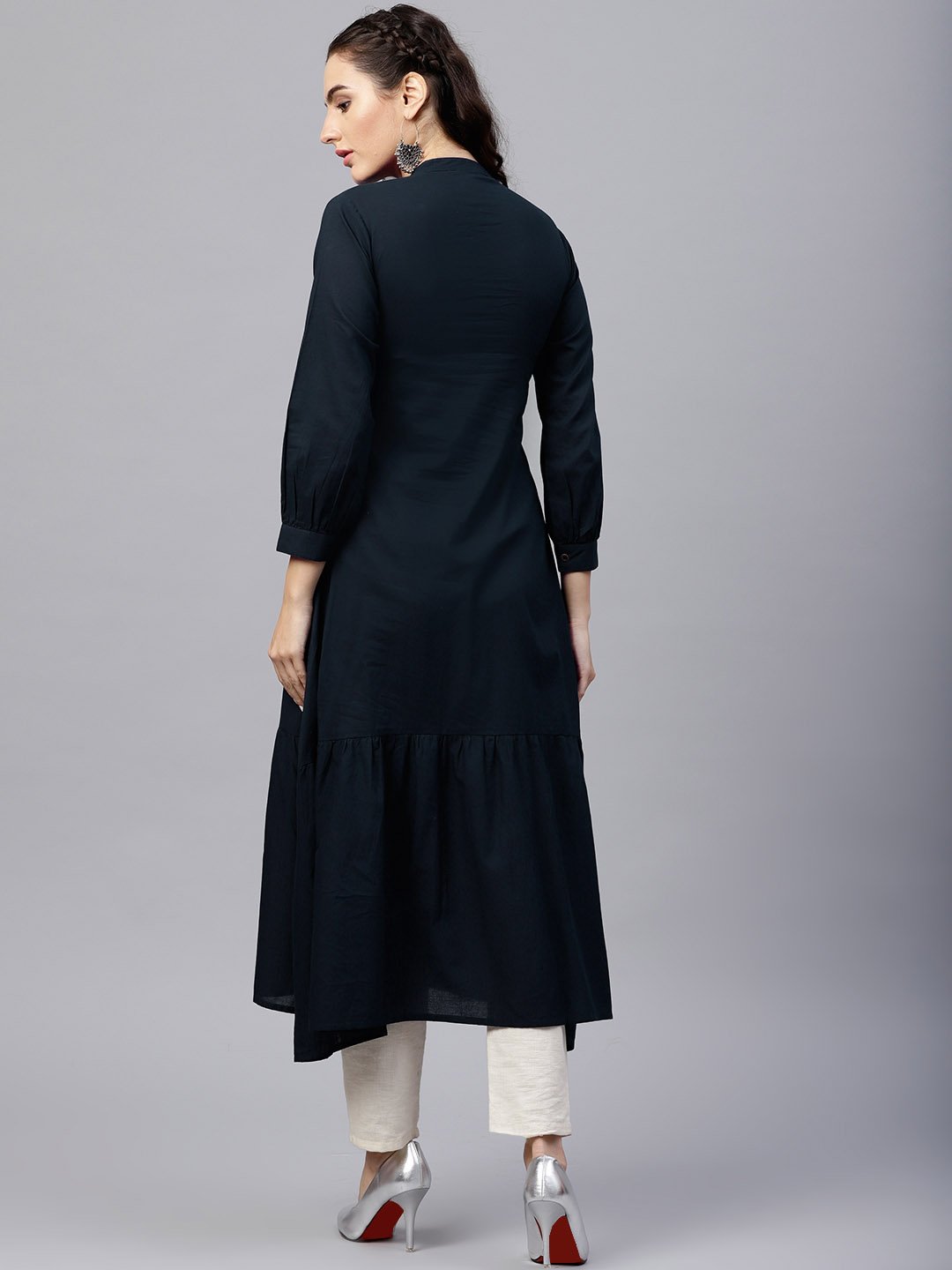 Navy Blue Round Neck A-Line Kurta With Front Placket And Cuffed Full Sleeves | LASVINI - Redefining Indian Fashion with Elegance