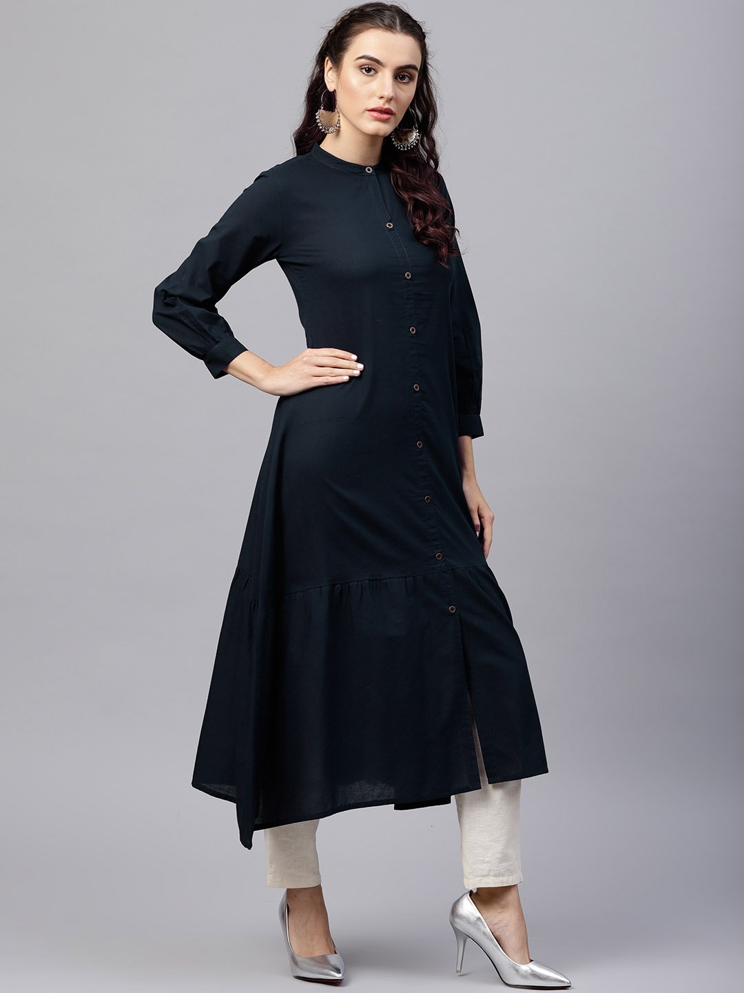 Navy Blue Round Neck A-Line Kurta With Front Placket And Cuffed Full Sleeves | LASVINI - Redefining Indian Fashion with Elegance