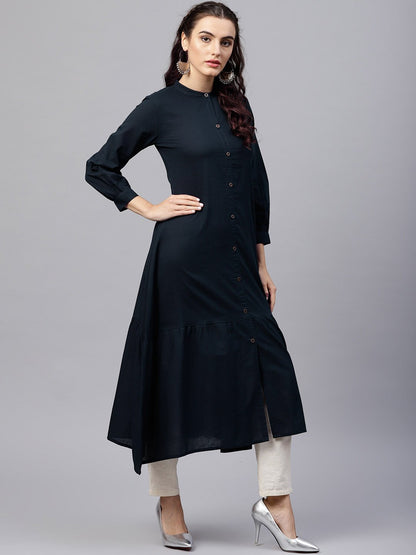 Navy Blue Round Neck A-Line Kurta With Front Placket And Cuffed Full Sleeves | LASVINI - Redefining Indian Fashion with Elegance