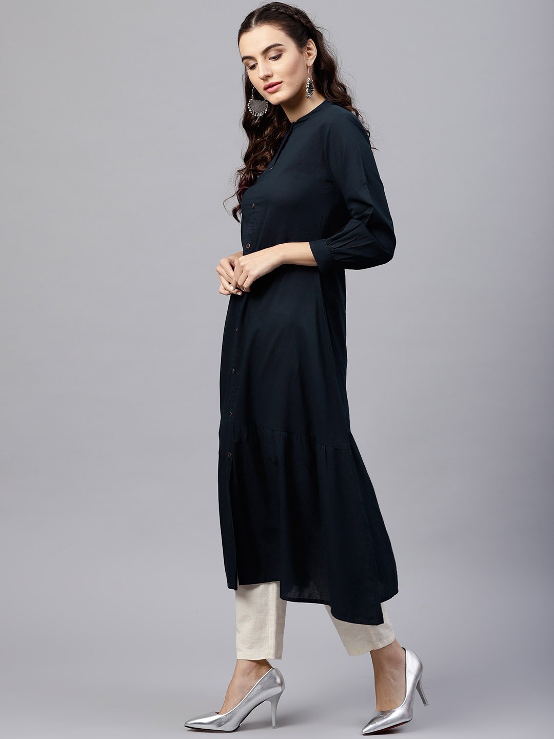 Navy Blue Round Neck A-Line Kurta With Front Placket And Cuffed Full Sleeves | LASVINI - Redefining Indian Fashion with Elegance