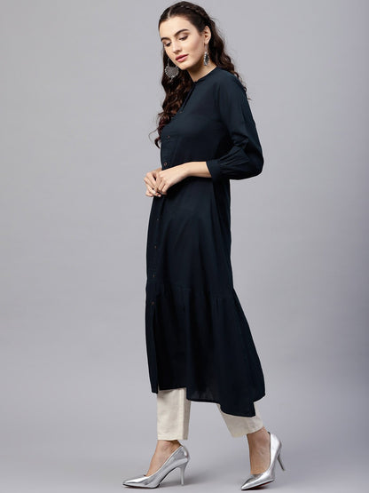 Navy Blue Round Neck A-Line Kurta With Front Placket And Cuffed Full Sleeves | LASVINI - Redefining Indian Fashion with Elegance