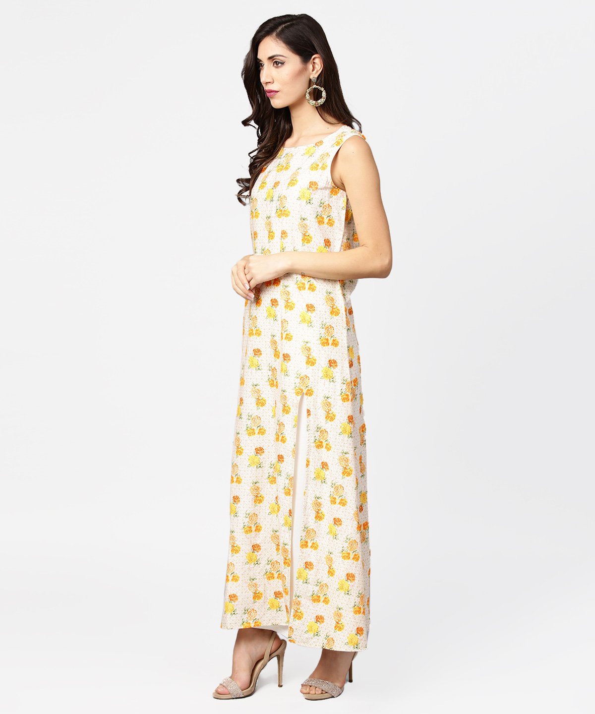 White Printed A-Line Kurta With Round Neck | LASVINI - Redefining Indian Fashion with Elegance