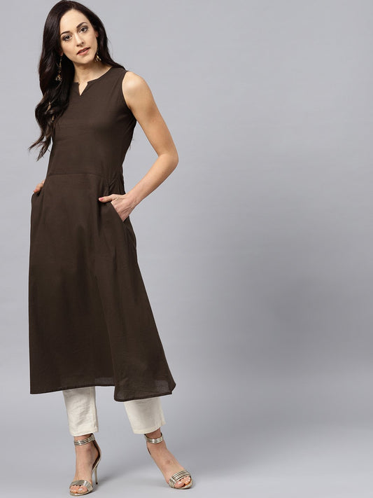 Dark Brown Round Neck With V-Slit Kurta | LASVINI - Redefining Indian Fashion with Elegance