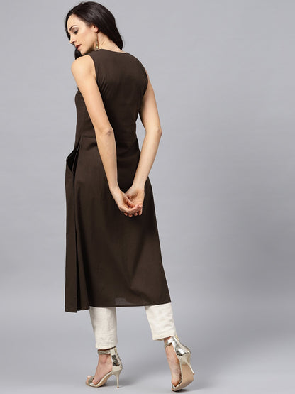 Dark Brown Round Neck With V-Slit Kurta | LASVINI - Redefining Indian Fashion with Elegance