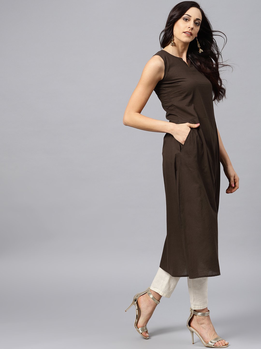 Dark Brown Round Neck With V-Slit Kurta | LASVINI - Redefining Indian Fashion with Elegance