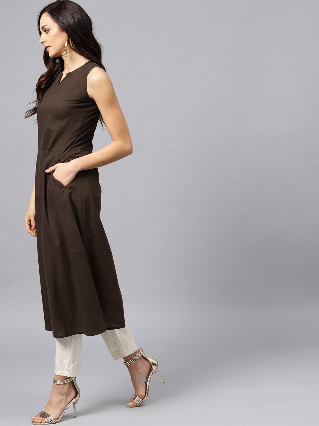 Dark Brown Round Neck With V-Slit Kurta | LASVINI - Redefining Indian Fashion with Elegance