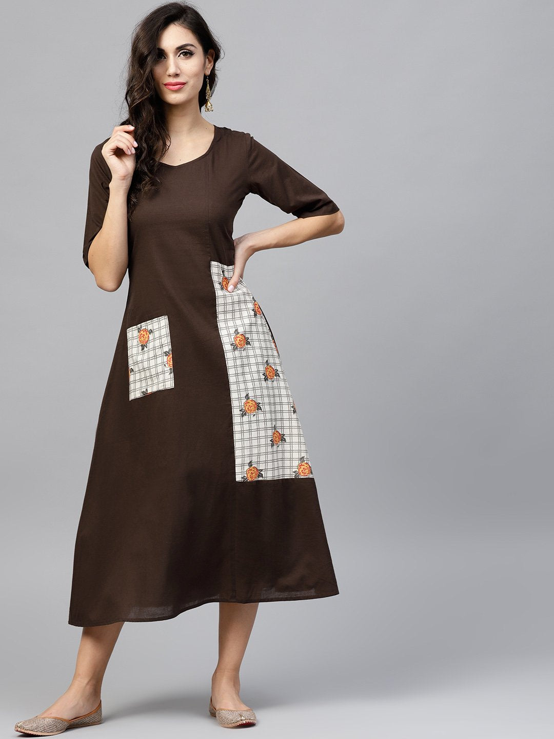 Dark Brown A-Line Dress With Front Patch Pockets And Half Sleeves | LASVINI - Redefining Indian Fashion with Elegance