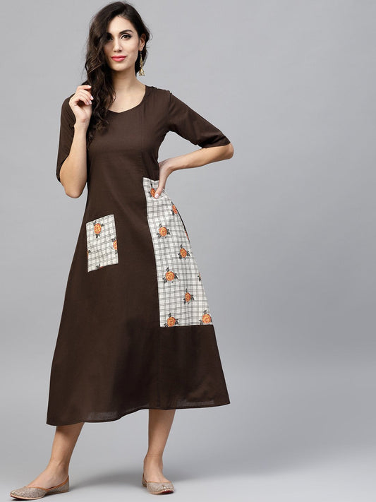 Dark Brown A-Line Dress With Front Patch Pockets And Half Sleeves | LASVINI - Redefining Indian Fashion with Elegance