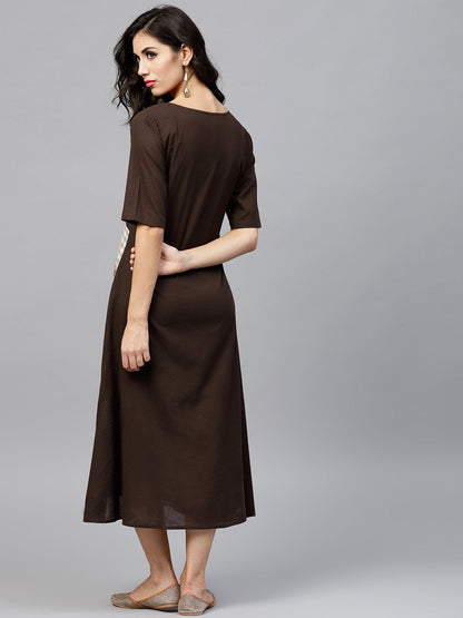 Dark Brown A-Line Dress With Front Patch Pockets And Half Sleeves | LASVINI - Redefining Indian Fashion with Elegance