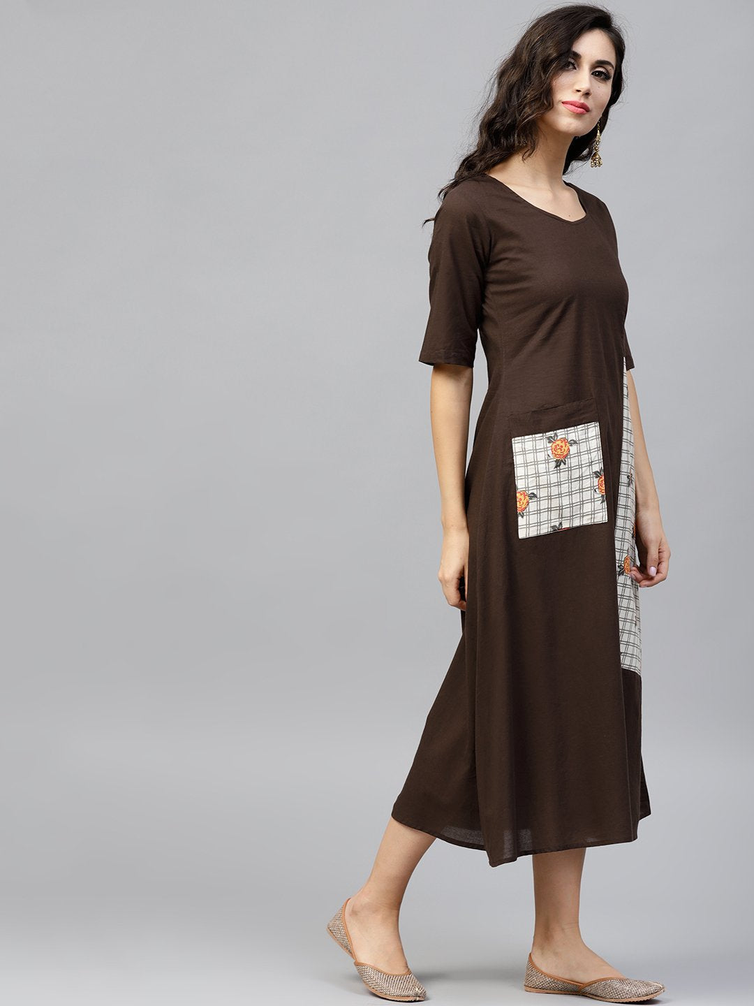 Dark Brown A-Line Dress With Front Patch Pockets And Half Sleeves | LASVINI - Redefining Indian Fashion with Elegance