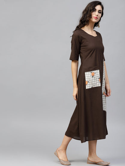 Dark Brown A-Line Dress With Front Patch Pockets And Half Sleeves | LASVINI - Redefining Indian Fashion with Elegance