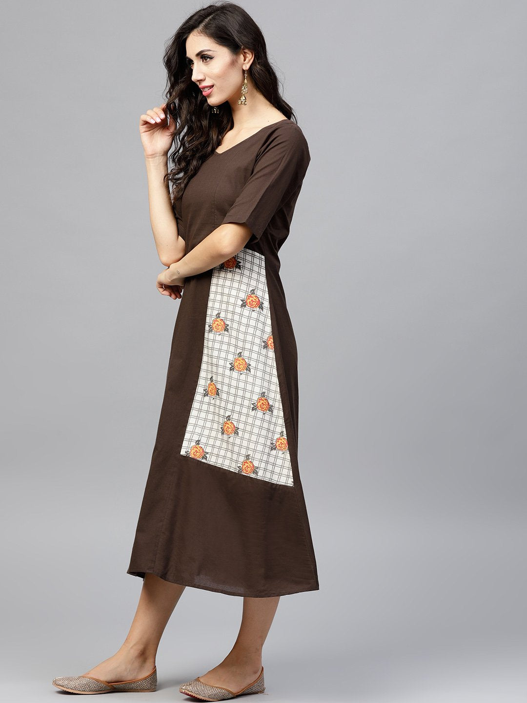 Dark Brown A-Line Dress With Front Patch Pockets And Half Sleeves | LASVINI - Redefining Indian Fashion with Elegance