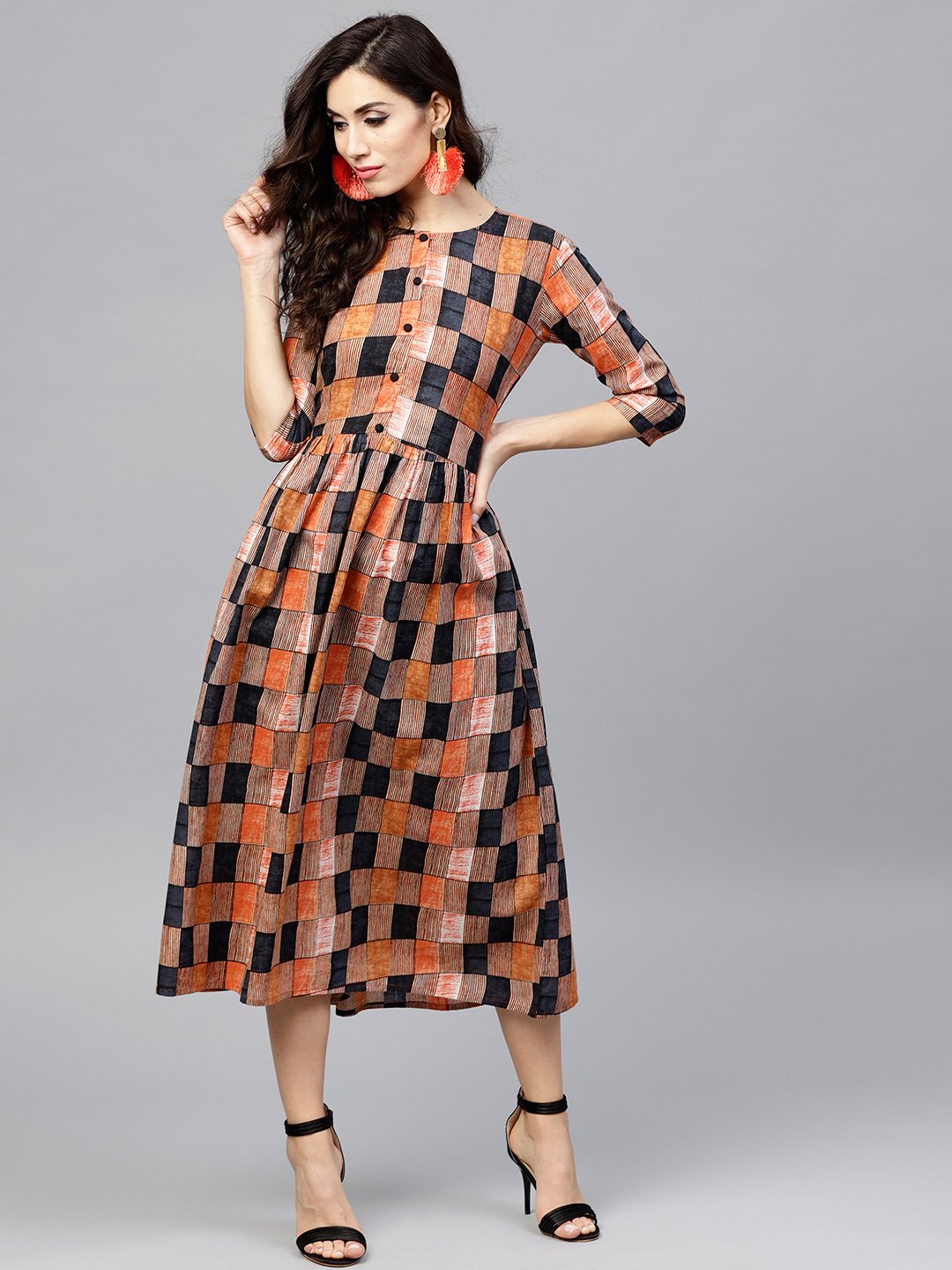 Multi Colored  Round Neck Checked Dress With Front Placket And 3/4 Sleeves | LASVINI - Redefining Indian Fashion with Elegance