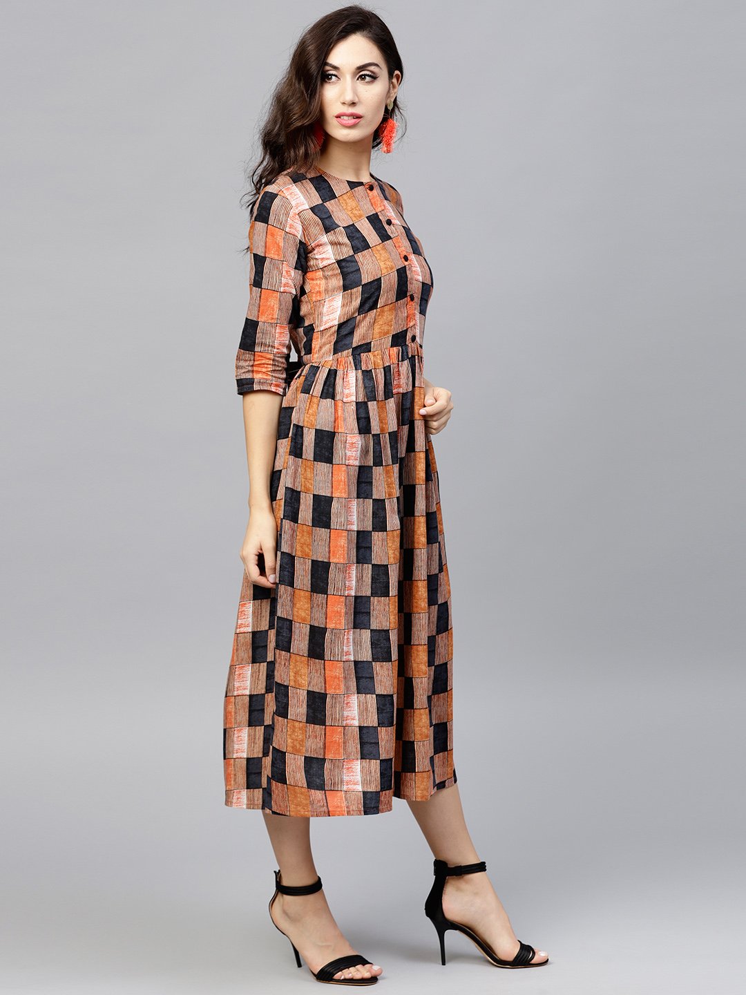 Multi Colored  Round Neck Checked Dress With Front Placket And 3/4 Sleeves | LASVINI - Redefining Indian Fashion with Elegance