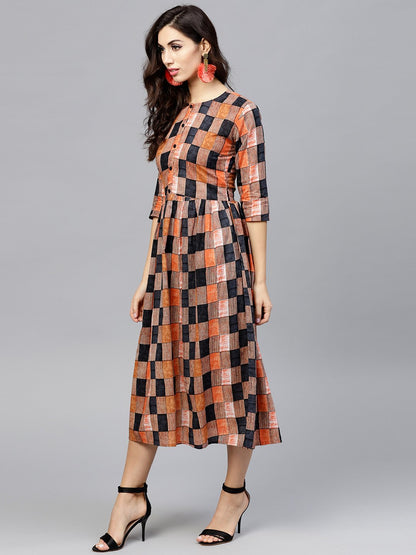 Multi Colored  Round Neck Checked Dress With Front Placket And 3/4 Sleeves | LASVINI - Redefining Indian Fashion with Elegance