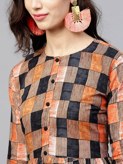 Multi Colored  Round Neck Checked Dress With Front Placket And 3/4 Sleeves | LASVINI - Redefining Indian Fashion with Elegance