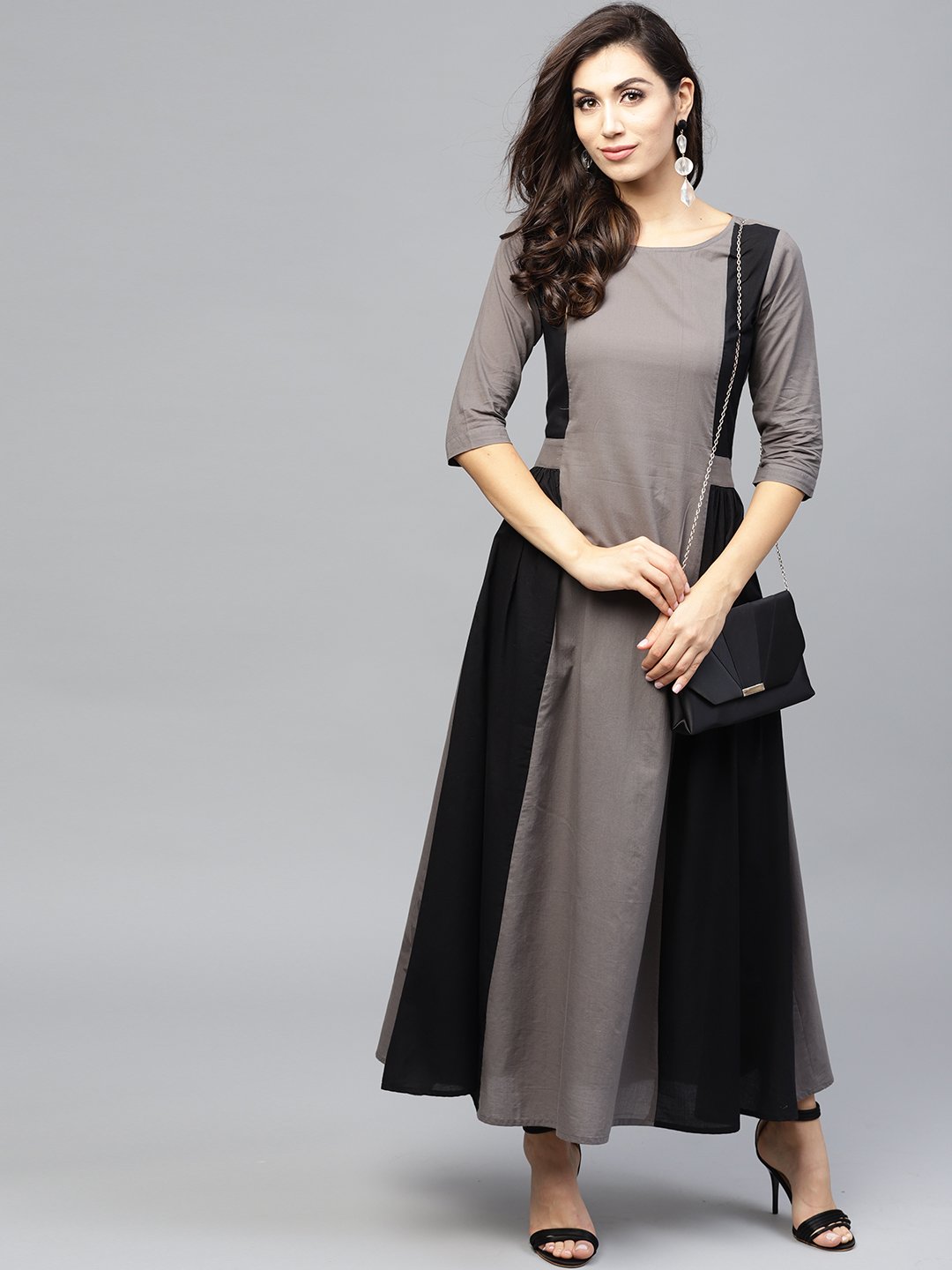 Grey And Color Blocking Dress With Round Neck And 3/4 Sleeves | LASVINI - Redefining Indian Fashion with Elegance