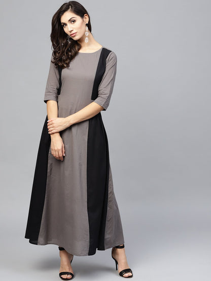 Grey And Color Blocking Dress With Round Neck And 3/4 Sleeves | LASVINI - Redefining Indian Fashion with Elegance