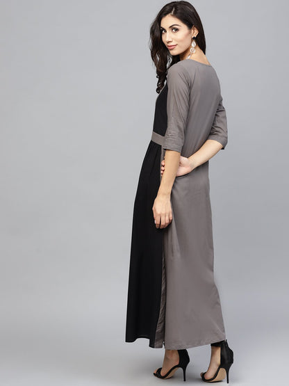 Grey And Color Blocking Dress With Round Neck And 3/4 Sleeves | LASVINI - Redefining Indian Fashion with Elegance