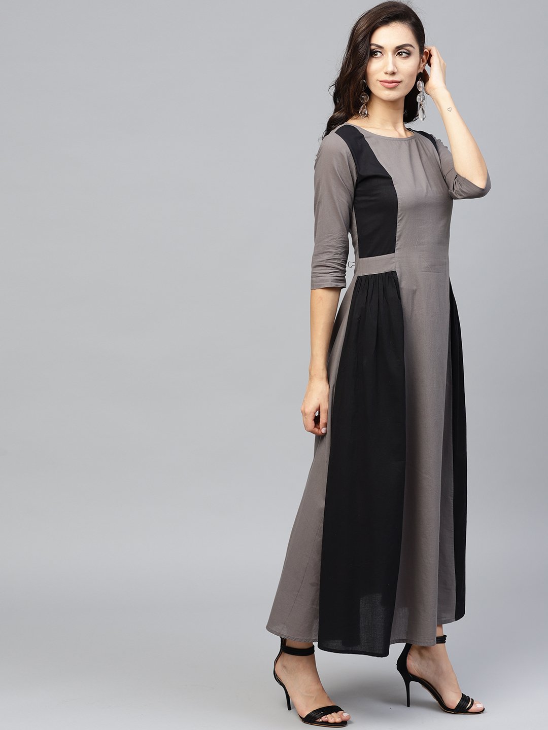 Grey And Color Blocking Dress With Round Neck And 3/4 Sleeves | LASVINI - Redefining Indian Fashion with Elegance