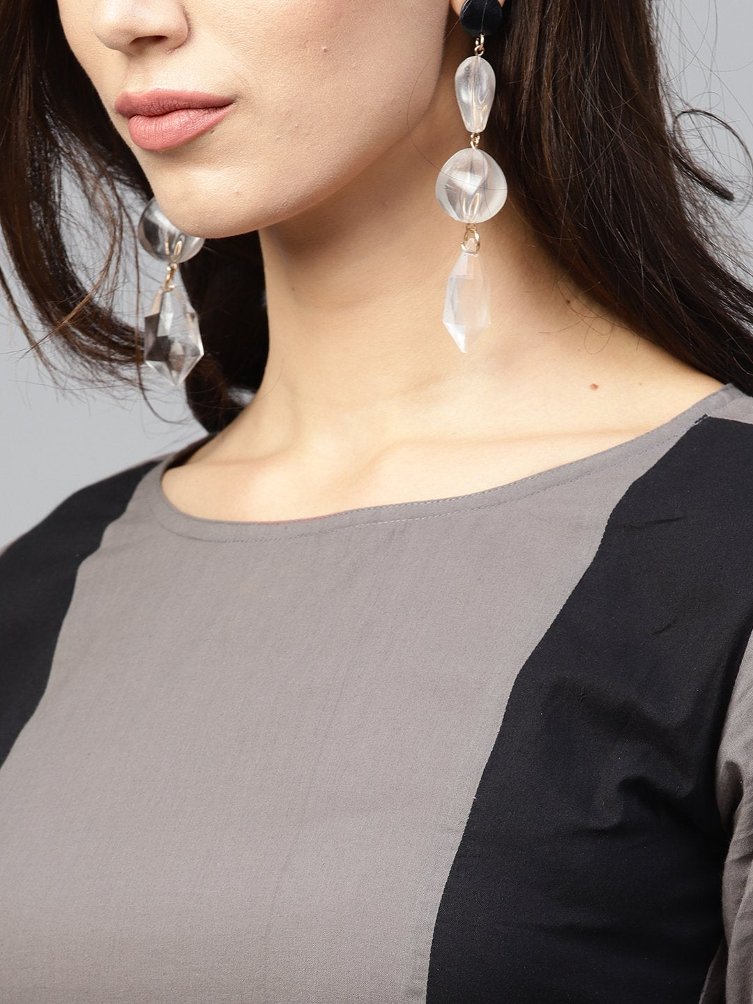 Grey And Color Blocking Dress With Round Neck And 3/4 Sleeves | LASVINI - Redefining Indian Fashion with Elegance