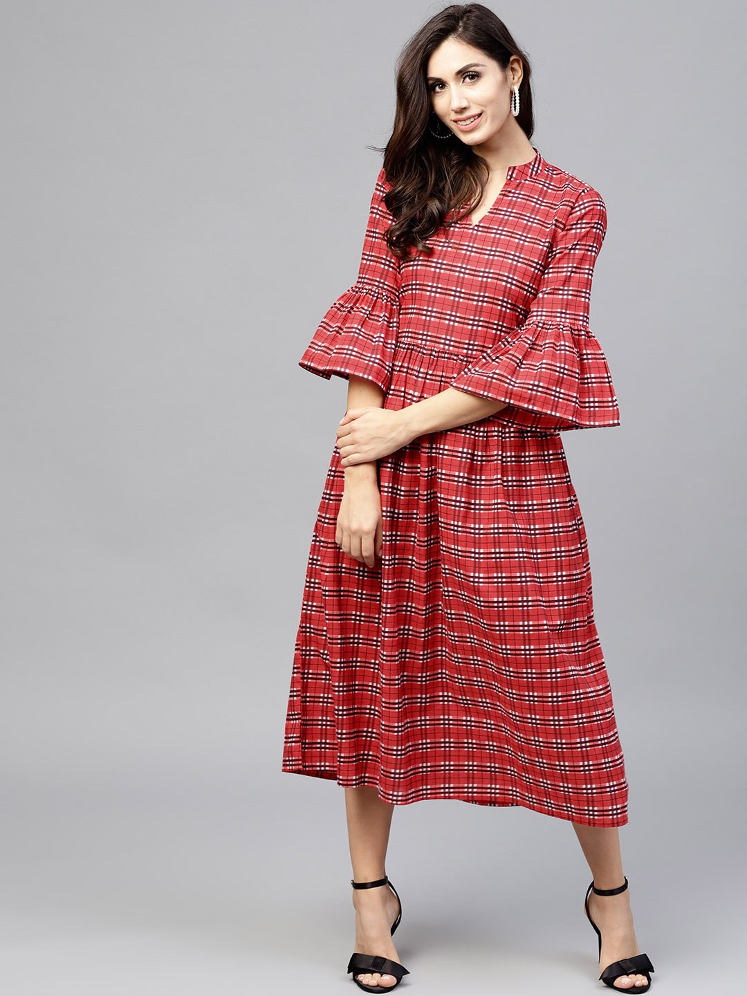 Red Checked Dress With Madarin Collar And Flared Sleeves | LASVINI - Redefining Indian Fashion with Elegance
