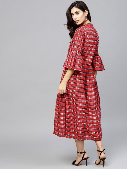 Red Checked Dress With Madarin Collar And Flared Sleeves | LASVINI - Redefining Indian Fashion with Elegance