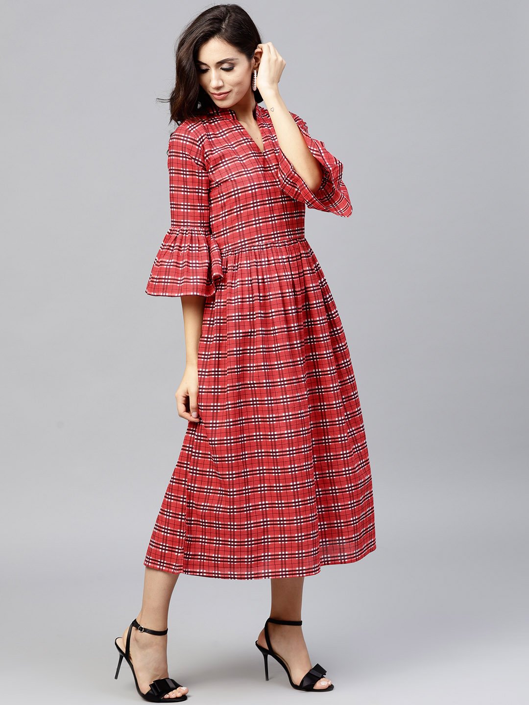 Red Checked Dress With Madarin Collar And Flared Sleeves | LASVINI - Redefining Indian Fashion with Elegance