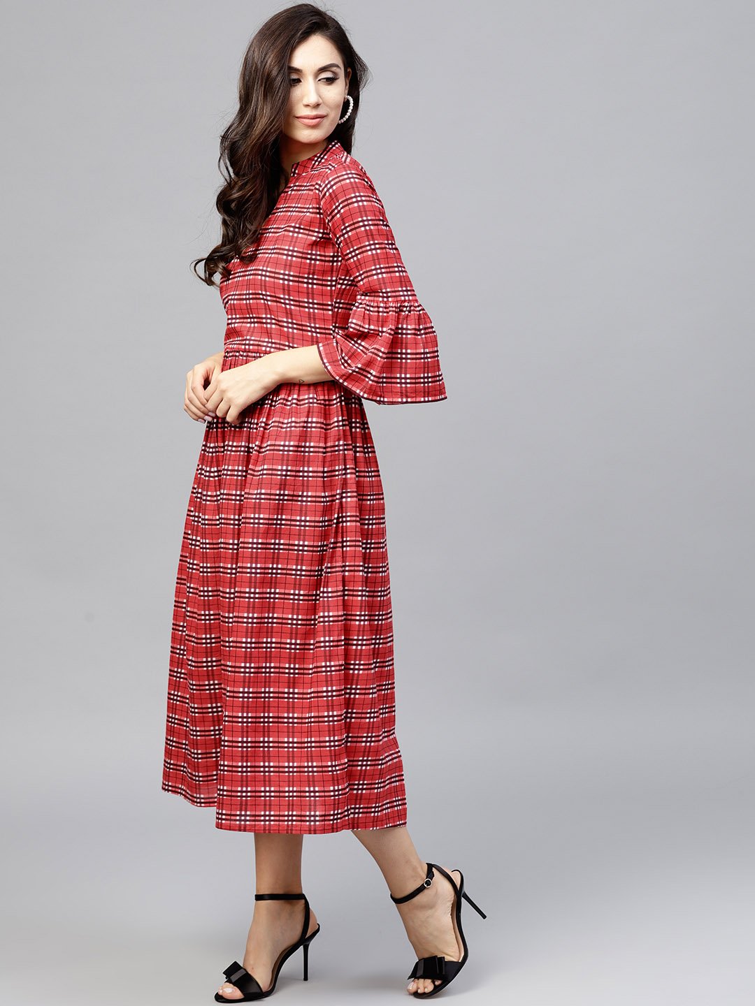 Red Checked Dress With Madarin Collar And Flared Sleeves | LASVINI - Redefining Indian Fashion with Elegance