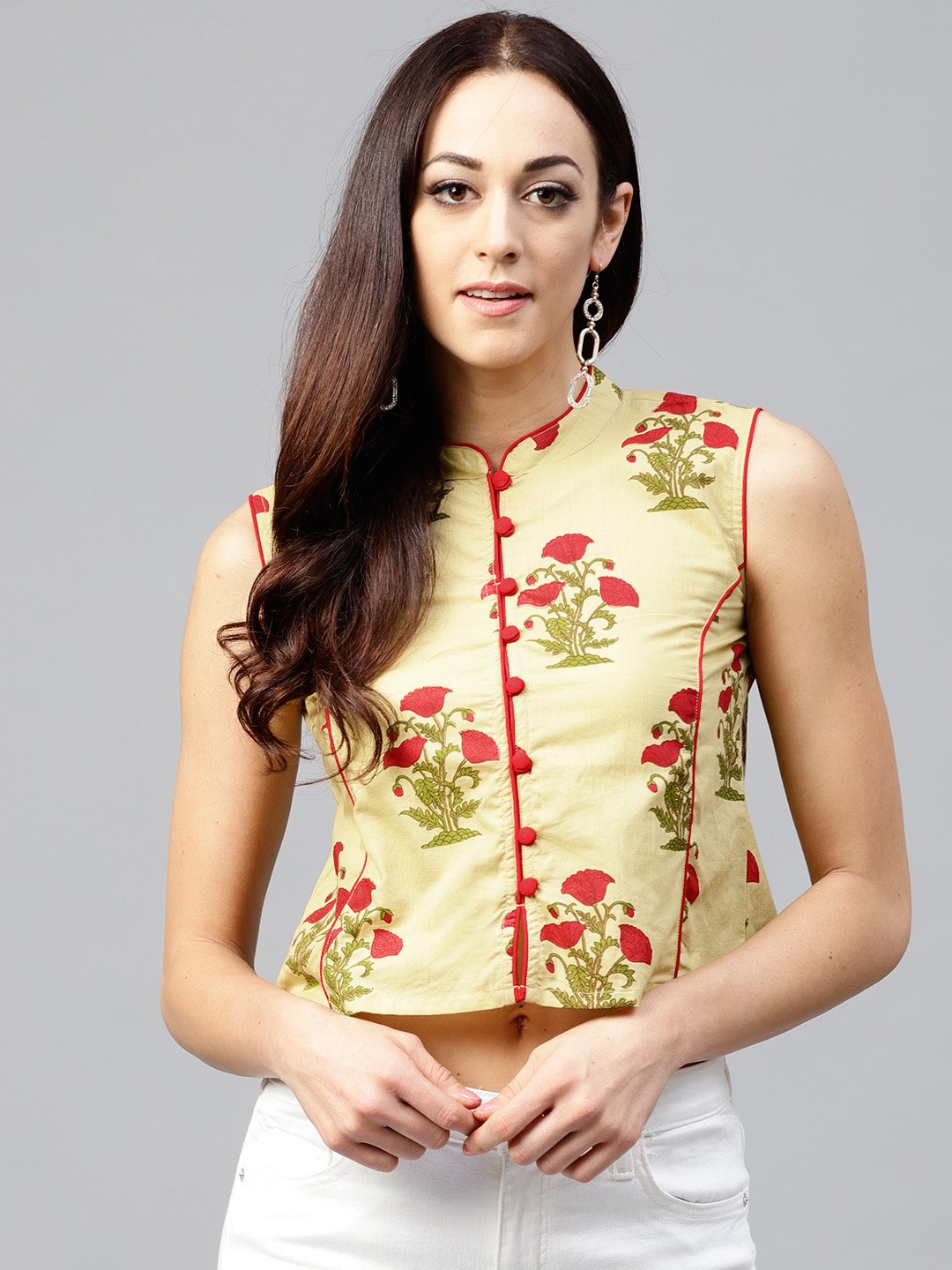 Pale Yellow Printed Top With Madarin Collar | LASVINI - Redefining Indian Fashion with Elegance