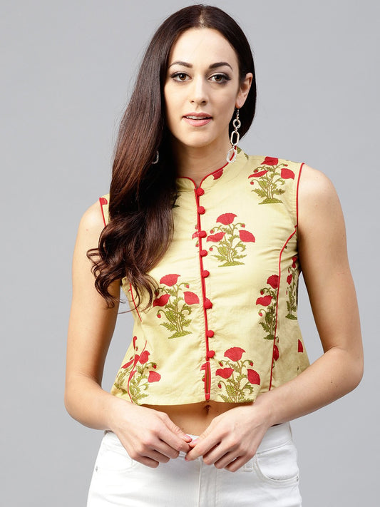 Pale Yellow Printed Top With Madarin Collar | LASVINI - Redefining Indian Fashion with Elegance