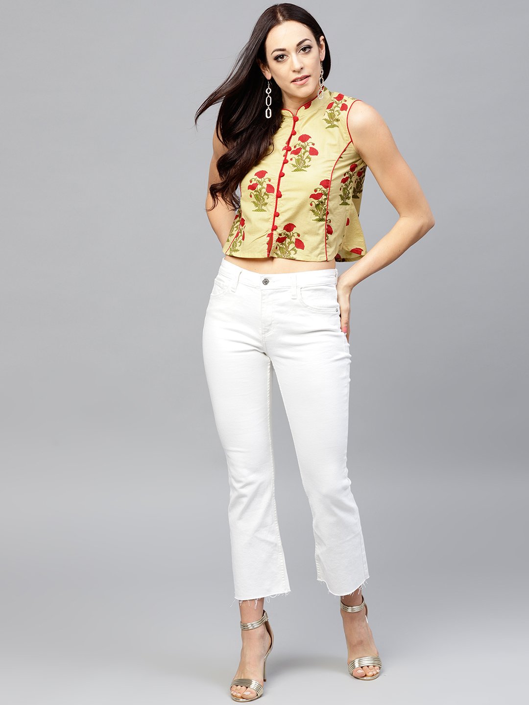 Pale Yellow Printed Top With Madarin Collar | LASVINI - Redefining Indian Fashion with Elegance