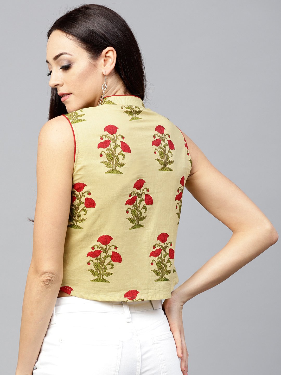 Pale Yellow Printed Top With Madarin Collar | LASVINI - Redefining Indian Fashion with Elegance