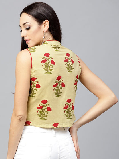 Pale Yellow Printed Top With Madarin Collar | LASVINI - Redefining Indian Fashion with Elegance