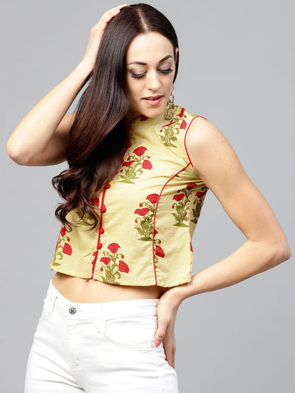 Pale Yellow Printed Top With Madarin Collar | LASVINI - Redefining Indian Fashion with Elegance