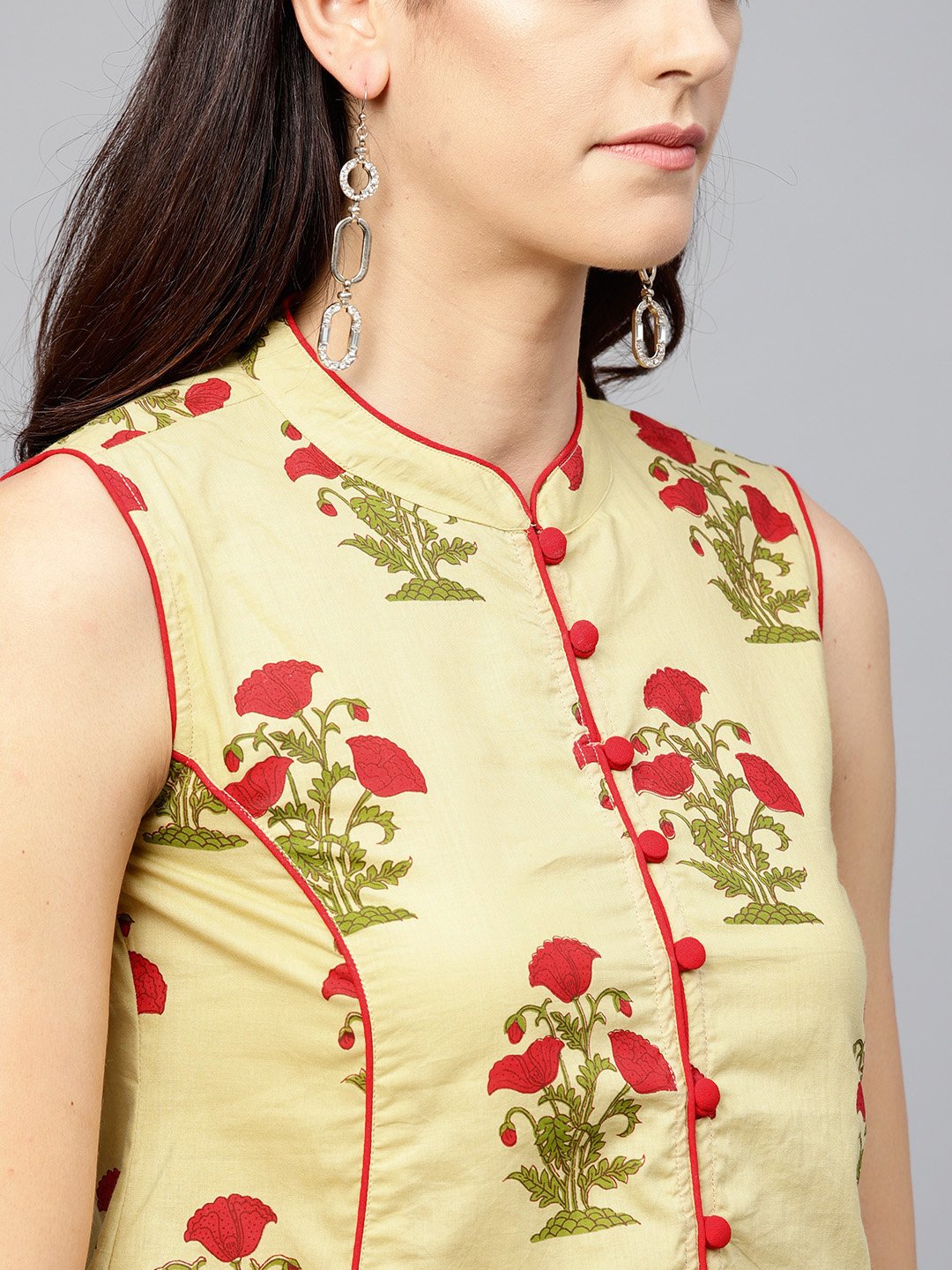 Pale Yellow Printed Top With Madarin Collar | LASVINI - Redefining Indian Fashion with Elegance