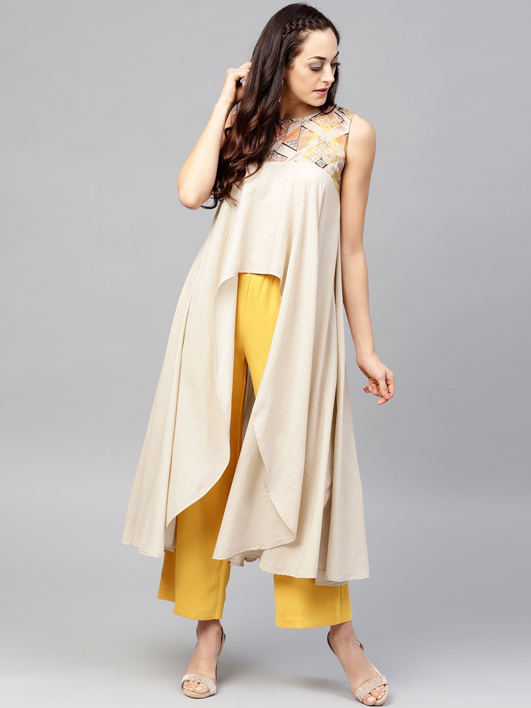Beige Asymmetric Sleeveless Tunic With Round Neck | LASVINI - Redefining Indian Fashion with Elegance