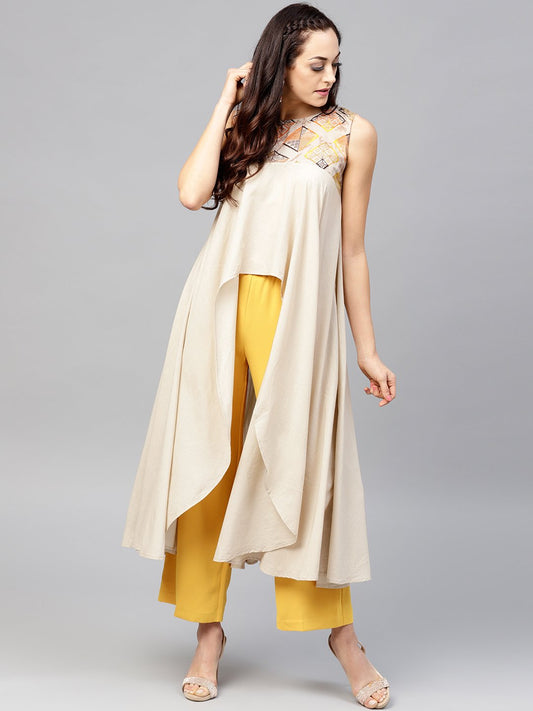 Beige Asymmetric Sleeveless Tunic With Round Neck | LASVINI - Redefining Indian Fashion with Elegance